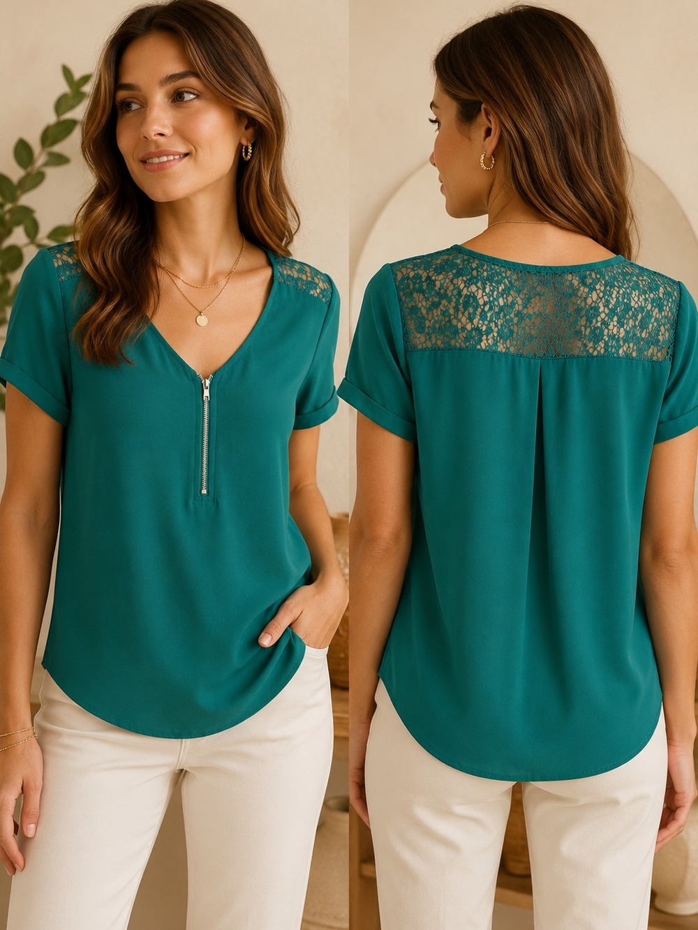 NWT Apt. 9 Women's XS Emerald Green Lace Yoke Zip Front Short Sleeve Blouse Top